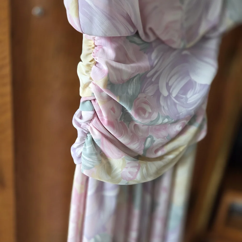 All That Jazz Vintage Floral Midi Dress Pastel Chiffon XS Wedding Guest